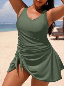 Swim Lushoire Plus Size Fashionable Side Tie Ruched One-Piece Swimsuit Summer - Army Green - View 6