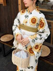 Irokai 和風伝統着物 夏祭り ひまわり花柄 レディース 夏用 改良 2点セット 浴衣 - マルチカラー - チェックする 1