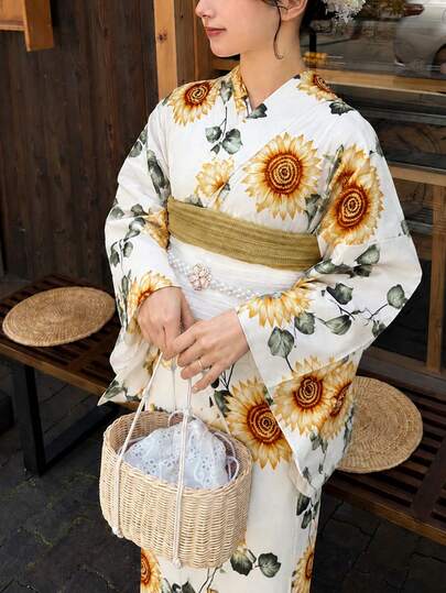 Irokai Japanese Traditional Kimono Summer Festival Sunflower Floral Pattern Women's Summer Modified Two Pieces Yukata Set
