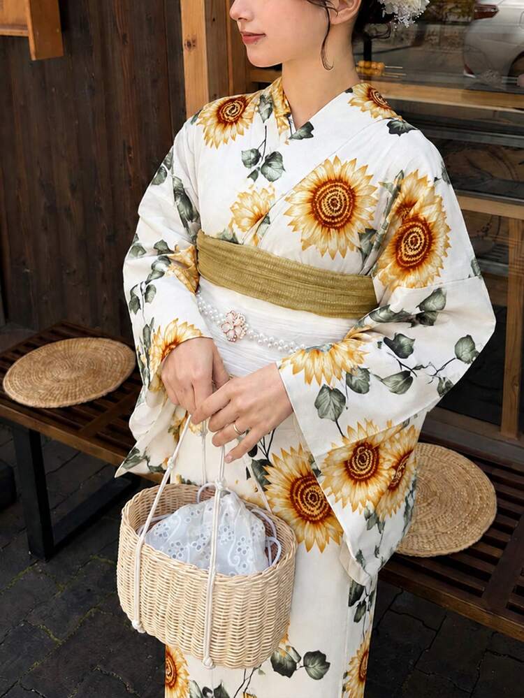 Irokai 日式傳統和服夏季祭典向日葵花卉圖案女款夏季改良兩件式浴衣套裝 - 彩色 - 查看 1