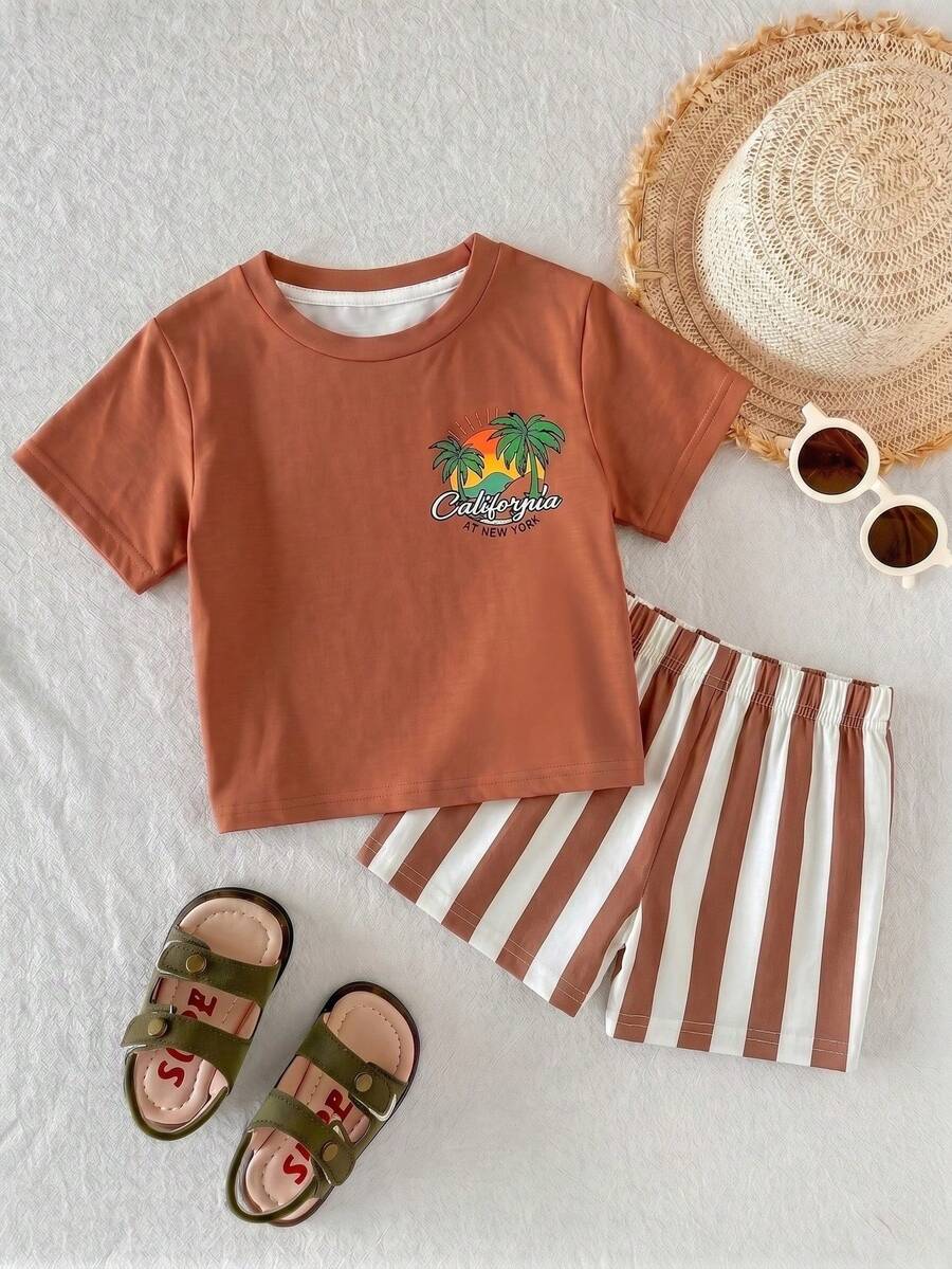 Baby Boy Simple Coconut Tree Print T-Shirt And Striped Shorts Set, Suitable For Summer Beach Holiday Cute Versatile Comfy - White - View 1