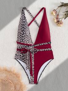 Swim SXY 1 pieza/Set Traje de baño de una pieza con estampado de leopardo aleatorio, corte extremadamente bajo & corte alto - Multicolor - Ver 5