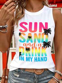 Maweii Plus Size Summer Vacation Letter & Coconut Tree Print Tank Top - White - View 3