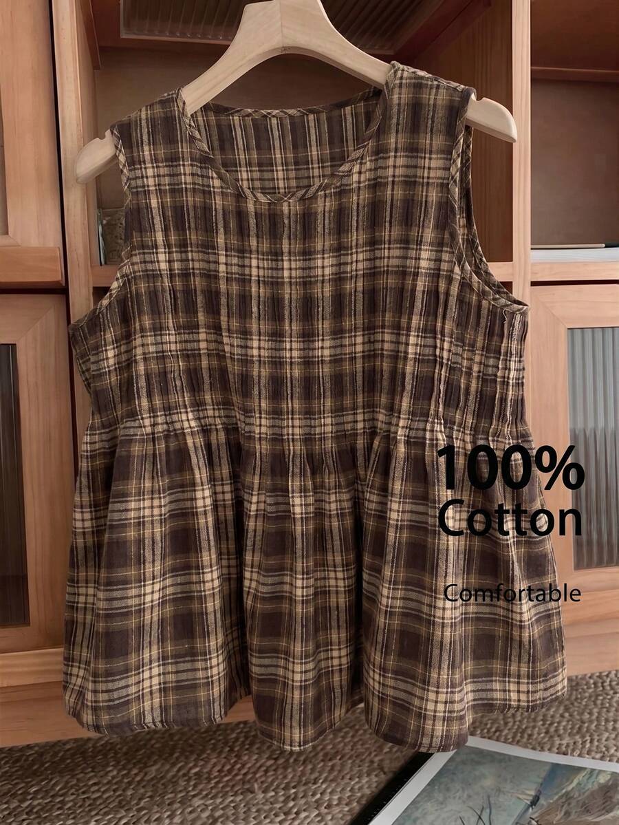 SHEIN LUNE 大尺碼女款圓領格紋百褶休閒百搭日常穿搭上衣 - 彩色 - 查看 1