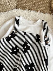 LMoss Kids Jumpsuit Anak Perempuan Muda, Jumpsuit Terusan Motif Bunga Bergaris Tenun - Hitam dan Putih - View 5