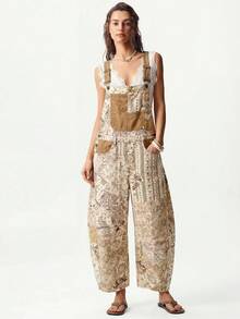 Bohemela New Women's Floral Beige Casual Boho Denim Overalls, Jumpsuit Y2K Summer Back-To-School Vacation Outfits Beer Festival Rompers Vacation Vacation - Multicolor - View 9