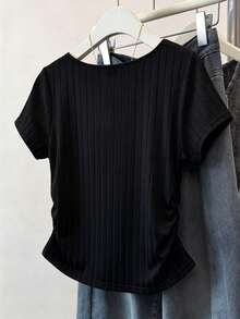 Franclia Große Größen Strick V-Ausschnitt geripptes Kurzarm T-Shirt, Frühling/Sommer - Schwarz - Übersicht 2