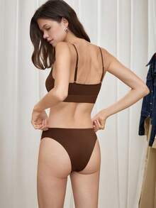 Bralution 2pcs Molded Cup Seamless Deep V Comfortable Minimalist Casual Daily Lingerie Set For Women - Chocolate Brown - View 3