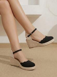 Styleloop Retro Simple Wind Wavy Edge Wedge Heel Shoes; Black Buckle With Closed Toe Versatile Commuter Sandals - Black - View 7