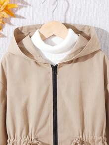 SHEIN 女童休閒字母裝飾寬鬆文字織帶連帽口袋中長版派克夾克 - 卡其色 - 查看 7