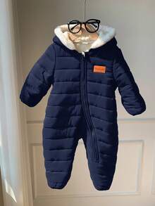 SHEIN Newborn BBaby Boys Cute Autumn/Winter Thermal Lined Thick Fur Collar Hooded Jumpsuit Ski Suit Unisex Baby Clothes Baby Winter Clothes - Navy Blue - View 10