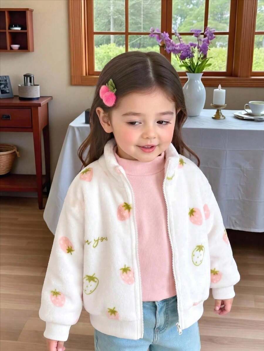 女童開學季甜美可愛草莓毛絨拉鍊外套，適合日常休閒穿著，春季、秋季、冬季