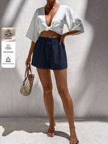 SHEIN LUNE Pantalones cortos de mujer de verano versátiles de color azul marino texturizado - Neblina azul - Ver 7