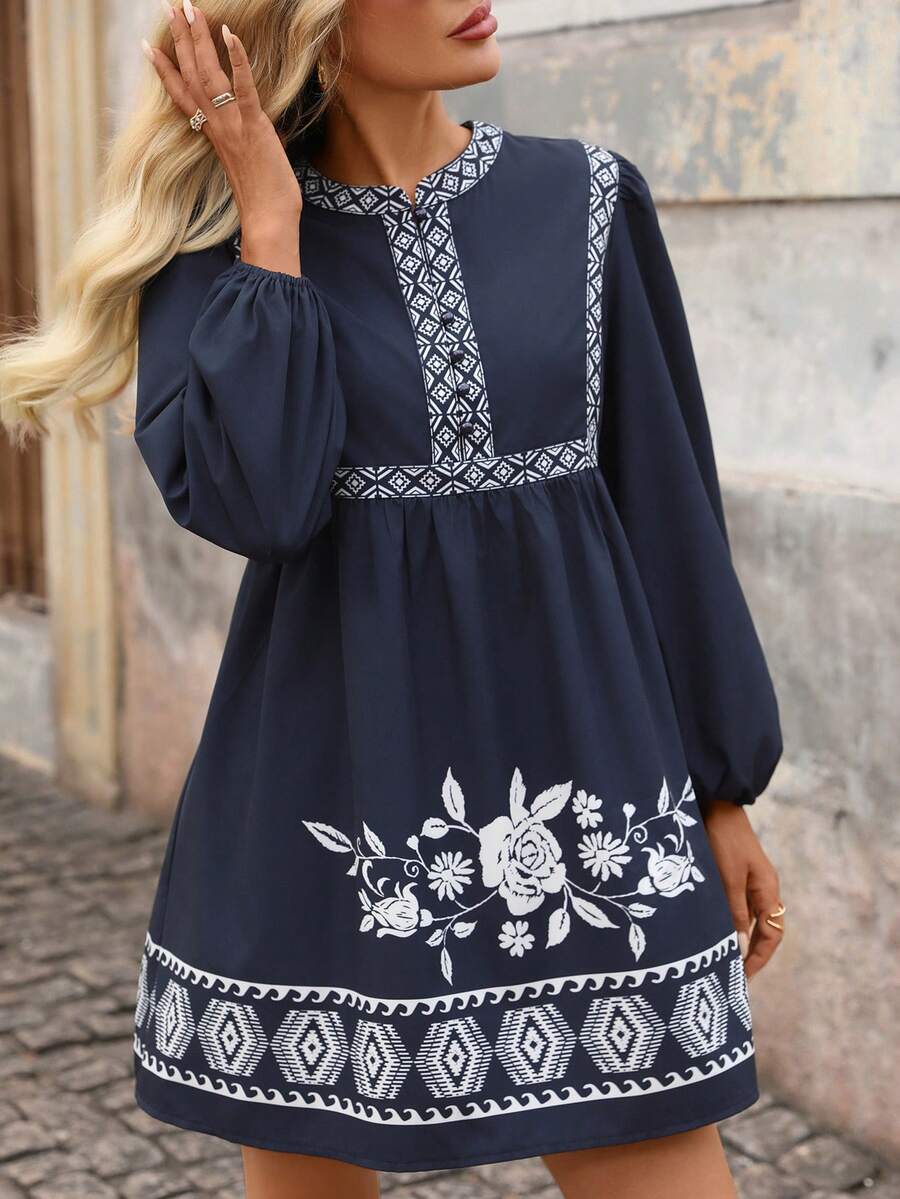 Brillora Women's Floral Print Button Design Lantern Sleeve Short Dress For Vacation, BOHO, Geometric Puff Babydoll Mini Navy Blue Floral Autumn - Navy Blue - View 1