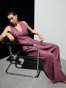 Aveloria Modichic Dusty Pink Color Scheme Silky Satin-Like Sleeveless Fitted Vest With High-Waist Wide-Leg Pants Suit 2 Pieces Set, Metal Decor Buckle, Smart Casual - Purple - View 3