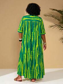 BrightlyHer Plus Size Tie-Dye V-Neck Short Sleeve Loose Casual Summer Dress Vacation Outfits For Women Beach Going Out Holiday - Multicolor - View 2
