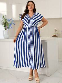 Rosumi Gaun Karaoke Kasual Musim Panas Wanita Ukuran Besar Motif Garis-garis Biru & Putih - Blue and White - View 5