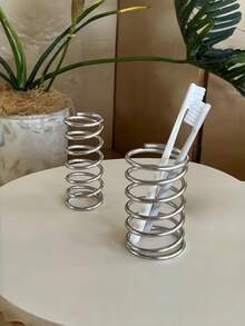 1 PC Stainless Steel Spiral Hollow Toothbrush Holder 2 In 1 Makeup Brush Pen Organizer Rack Bathroom Vanity Desk Quick Drying Multifunctional Storage Stand Space Saving Desk Tray Dorm Room Essential - Silver - View 7