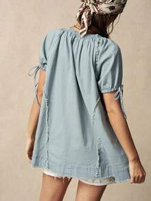 Bohemela Casual Solid Color Woven Loose Fit Women's Shirt Vacation Light Blue Summer - Blue - View 7