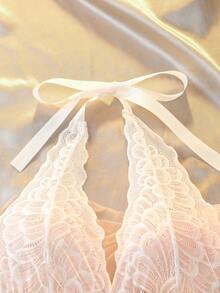 SHEIN 女款撞色蕾絲掛脖性感內衣洋裝附丁字褲 - 白色 - 查看 7