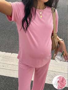 SHEIN 2pcs Maternity Set: Solid Color Short Sleeve Top And Adjustable Waist Casual Business Casual Pants Loungewear Summer - Pink - View 3