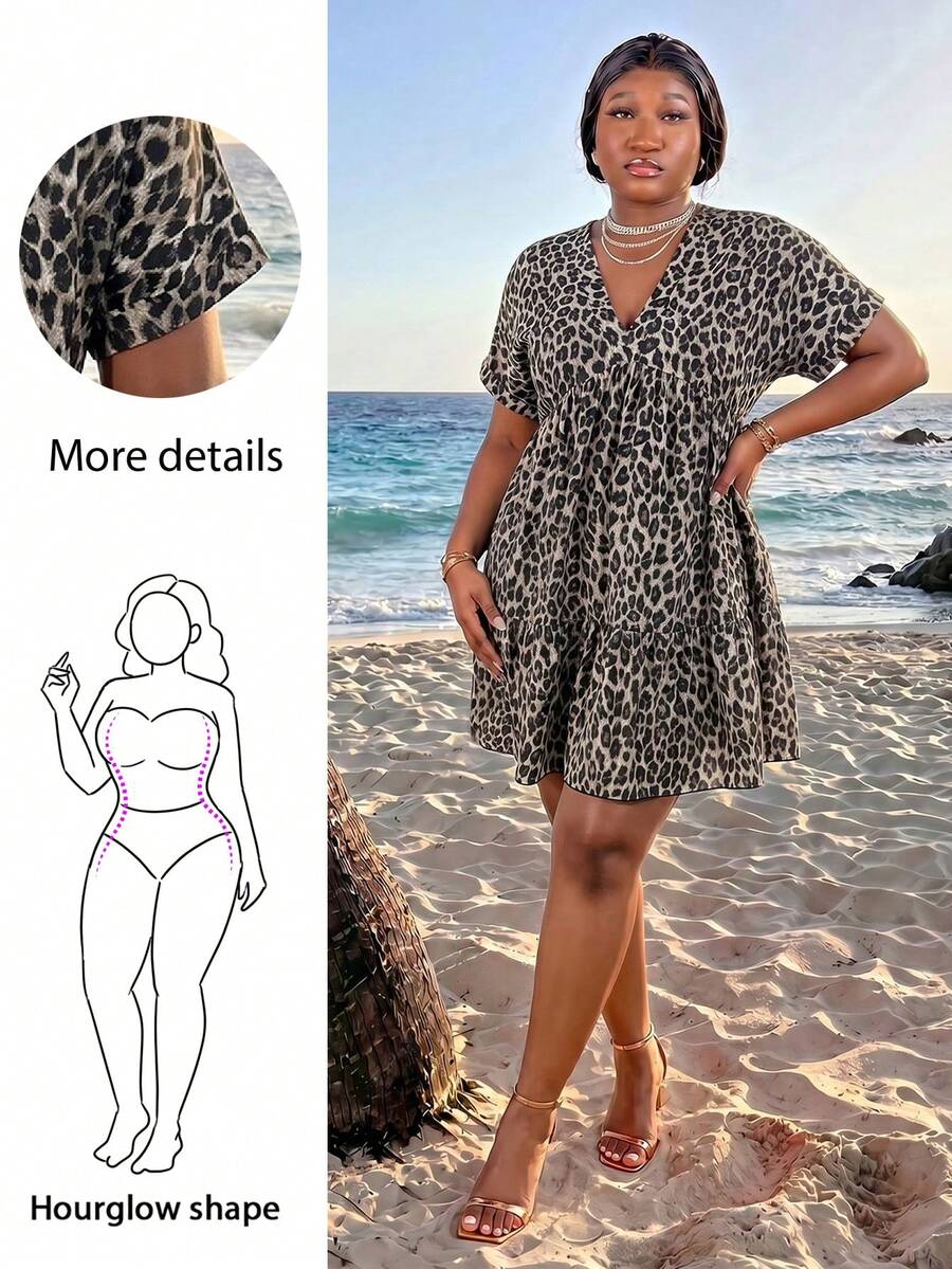CurvyTilda 大码简约 V 领豹纹 A 字裙，夏季连衣裙 - 灰色 - 查看 1