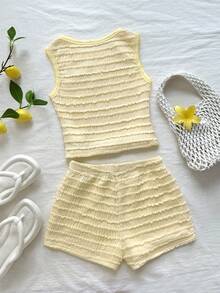 SHEIN Tween Girls Kids Casual Vacation Cream Dopamine Color Palette Sweet Knit Textured Striped Cute Starfish Decor Preppy Style Sleeveless Casual Tank Top & Shorts 2-Piece Set, Y2K Young Fashion Outfit, Summer Vacation Travel, Suitable For Back To School, Holiday Family Outdoor Autumn Picnic, Daily Wear, Spring/Summer Clothing, Beach Outfit, Commute, Elegant, Beach, Bohemian, Hawaii, Music Festival, Yellow Knit Set - Yellow - View 5