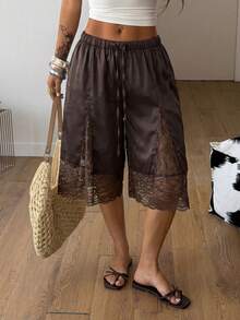 Coolane Pantalones cómodos de mujer con entrepierna marrón, encaje en contraste, para primavera/verano, conciertos, rave, festivales, salidas, feria renacentista, club y fiestas - Café integral - Ver 2