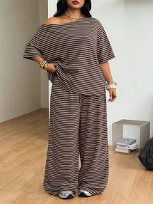 Coolane Brown Striped Knit Women's Plus Size Asymmetrical Shoulder T-Shirt And Pants Set - Mocha Brown - View 7
