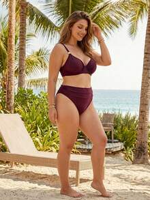 Swim Chiccia 大尺碼女款夏季海灘純色抓皺金屬裝飾性感時尚比基尼兩件式泳衣套裝 - 酒紅色 - 查看 6