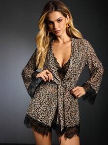 EmpressEnvy Women's Lace Camisole Top, Leopard Print Shorts And Robe Sexy Casual Set - Khaki - View 3