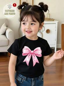 Elladie kids Girls' Fresh Fashion Cute Glitter Pink Bow & Heart Pattern Basic Black Short Sleeve T-Shirt, Comfortable Daily Wear For All Seasons - Black - View 6