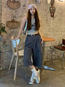DAZY 女款純色寬鬆七分褲口袋休閒街頭風牛仔褲 春秋夏季日常深灰色校園風 - 深灰色 - 查看 6