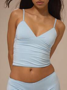 MUSERA Blue Picot Trim V Neck Cami Top With Fitted Picot Trim Mini Shorts Sold As Set Pajamas - Blue - View 2