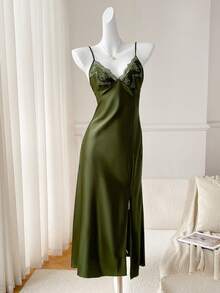 Moireta Embroidered Collar Decor Slit Hem Camisole Nightgown - Army Green - View 2