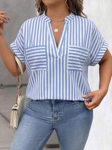 EMERY ROSE Plus Size Women's Striped Notch V-Neck Batwing Short Sleeve Blouse - Blue and White - View 6