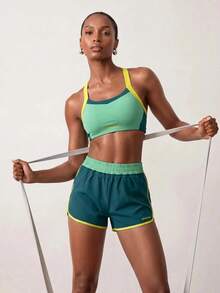 Powerista Green Colorblock Yellow Wide Shoulder Straps Sports Bra And Women's Gym Shorts Set For Running & HIIT Workout Women Summer Gym Sets - Green - View 8