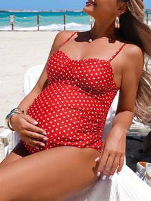 SHEIN 26SS 夏季海灘度假復古波點鋼圈基本款休閒孕婦連身泳衣 - 紅色 - 查看 7