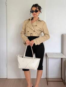 SHEIN EZwear 純色腰帶翻領短款風衣 - 卡其色 - 查看 6