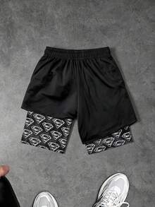 SUPERMAN X SHEIN Gym Rark Men's Letter Print Double Layer Sports Shorts - Black - View 2