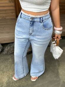 Sunnyshic New Lace Trim High Waist Plus Size Denim Flare Pants Light Blue Summer Vacation Casual Traditional - Blue - View 1