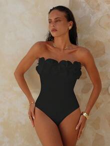 Swim Chiccia Swim Chicsea 女款純色平口 3D 花卉連身泳衣，適合夏季海灘度假 - 黑色 - 查看 7
