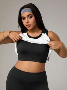 SHEIN Rhythm Era 女款大尺碼極簡純色背心上衣與條紋對比色修身運動褲套裝 - 黑與白 - 查看 5