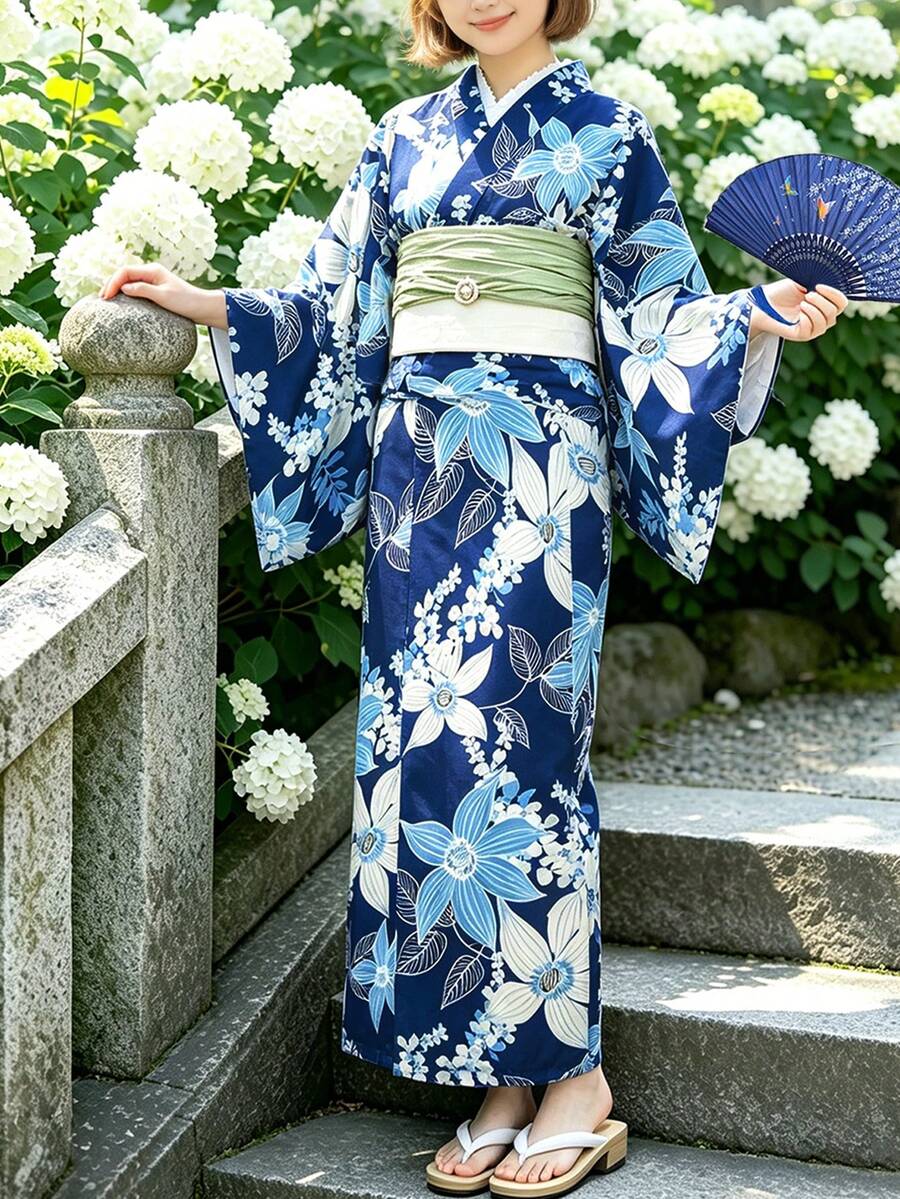 Irokai 日式傳統和服深藍色鏡花月紋女款改良兩件式浴衣套裝 - 彩色 - 查看 1
