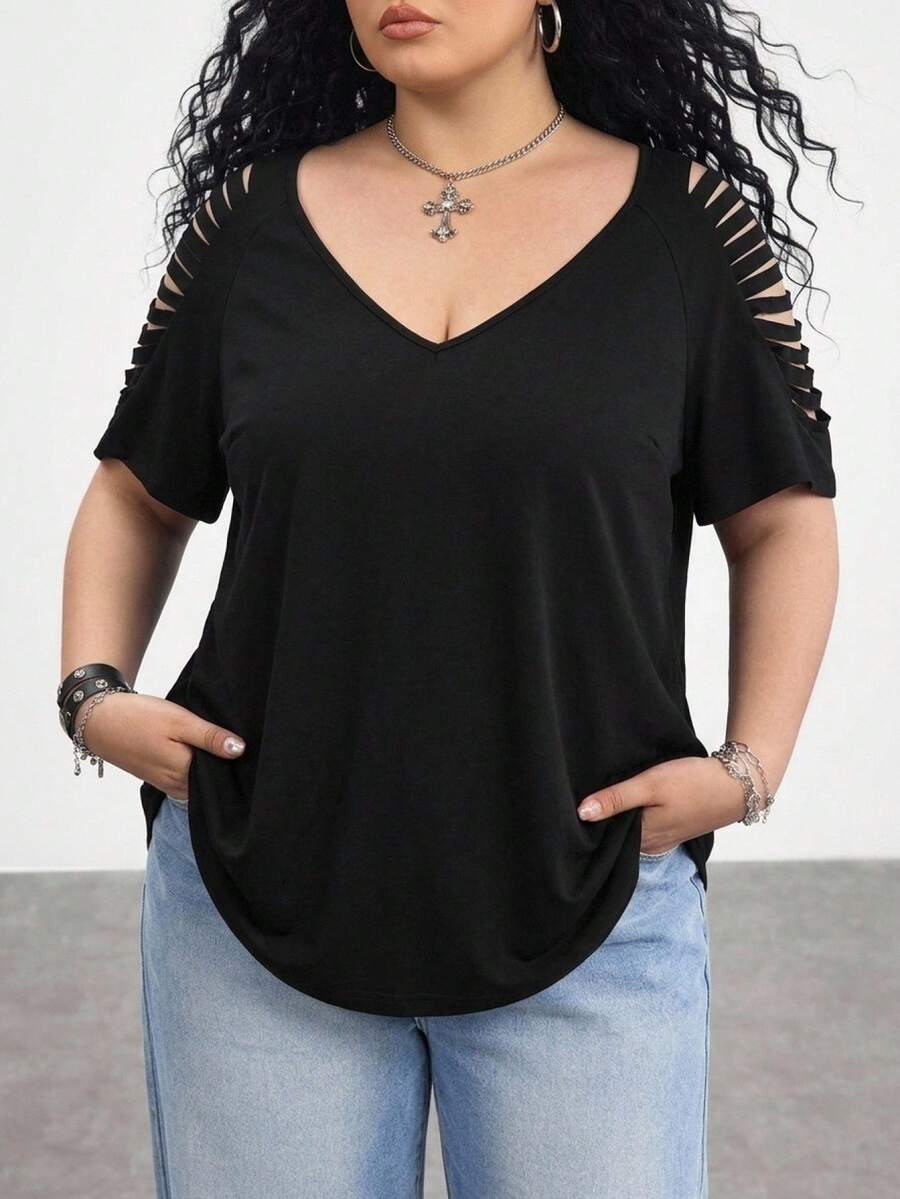 SHEIN CURVE+ تي شيرت نسائي مقاس كبير أسود فضفاض بأكمام راجلان مفرغة للصيف والحفلات الموسيقية والكاجوال وهالوين - الأسود - مشاهدة 1