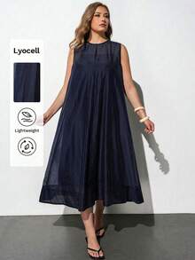 Maija Plus Size Women's Long Dress,Navy Blue Elegant Vacation Round Neck Sleeveless Loose Fit Soft Woven Fabric Modern Chic Office Autumn Outfit Halloween - Navy Blue - View 2
