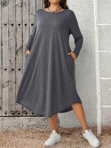 EMERY ROSE Plus Size Solid Color Long Sleeve Casual Loose Fit Vacation Dress Autumn Outfit For Women Going Out Formal Country Concert Fall Grey - Grey - View 6
