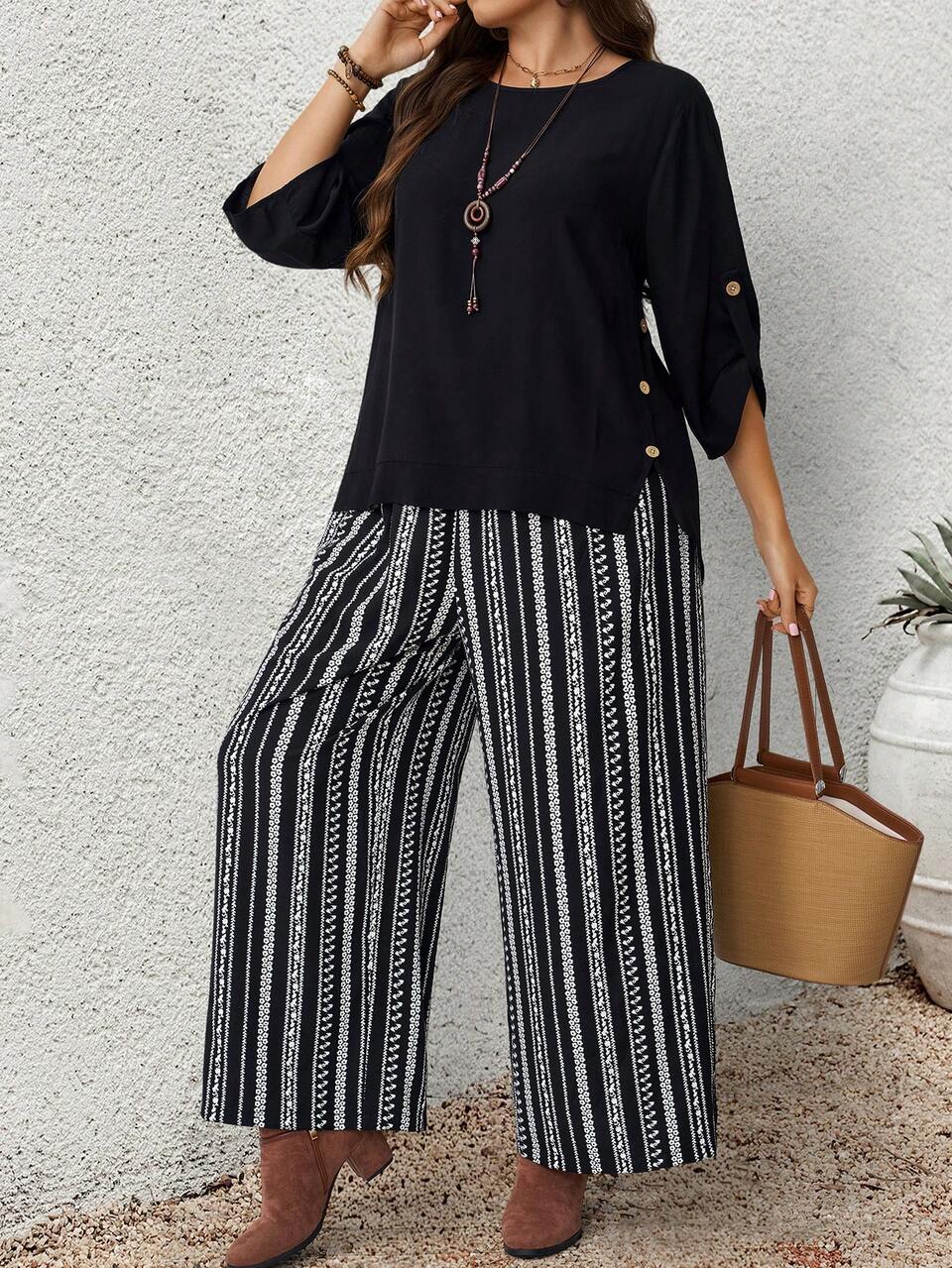 Women's Plus Size Solid Color Rolled Sleeve Round Neck Blouse And Striped Pants Set