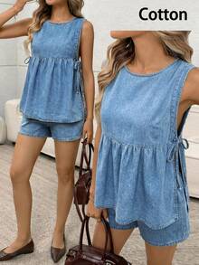 SHEIN LUNE 女款百搭百褶繫帶背心與休閒牛仔短褲套裝 夏季節慶服裝 通勤 度假 畢業 時尚Y2k可愛街頭風 Coquette 派對 婚禮 優雅商務休閒 女士商務海灘 畢業 出遊 生日 - 藍色 - 查看 8