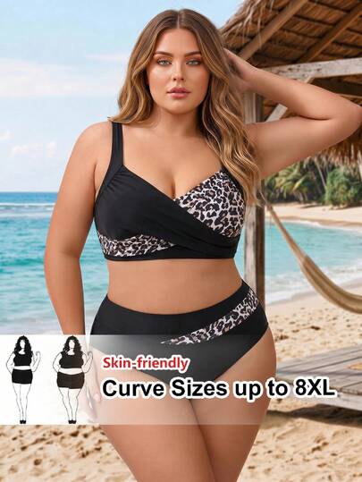 SHEIN CURVE+ Plus Size Women's Summer Beach Patchwork Leopard Print Sexy Fashion Bikini Two-Piece Swimsuit Set
